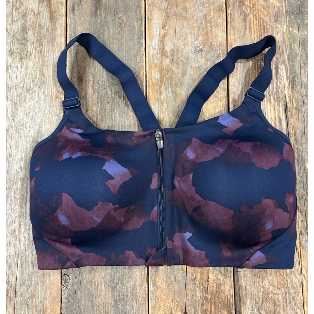 All In Motion Womens Sports Bra Purple Floral Print Front Zip 36D Athletic Top